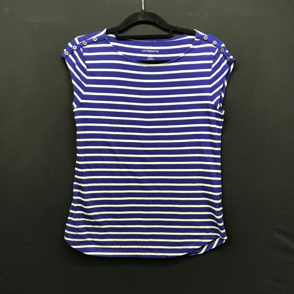 Liz Claiborne Top Women's Size M Short Sleeve Blue White Striped Boat Neck